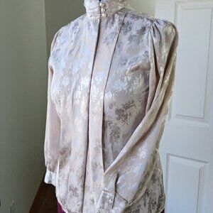 Laura Mae Vintage Floral Satin Blouse Large? no tags hidden button mock neck